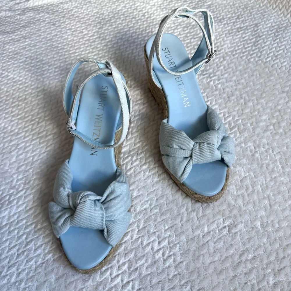 Stuart Weitzman Playa Espadrille Knot Wedge Sandals 9 B Blue Denim Ankle Strap
